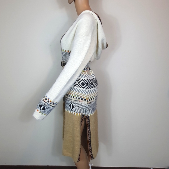 NWOT  longline Cardigan stripe knit  white brown size 6/8 . w" hoodie wool blend - Picture 4 of 9